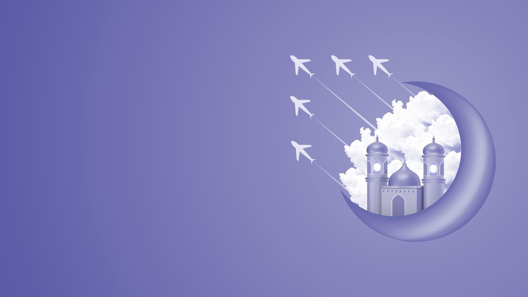 3d vector ramadan kareem background with mosque clouds aeroplane and crescent moon in blue color