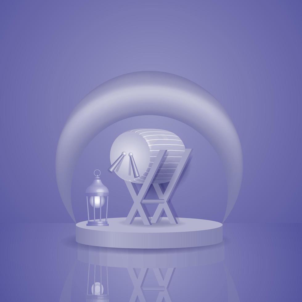 3d vector ramadan kareem background with crescent moon lantern drum and podium in blue background