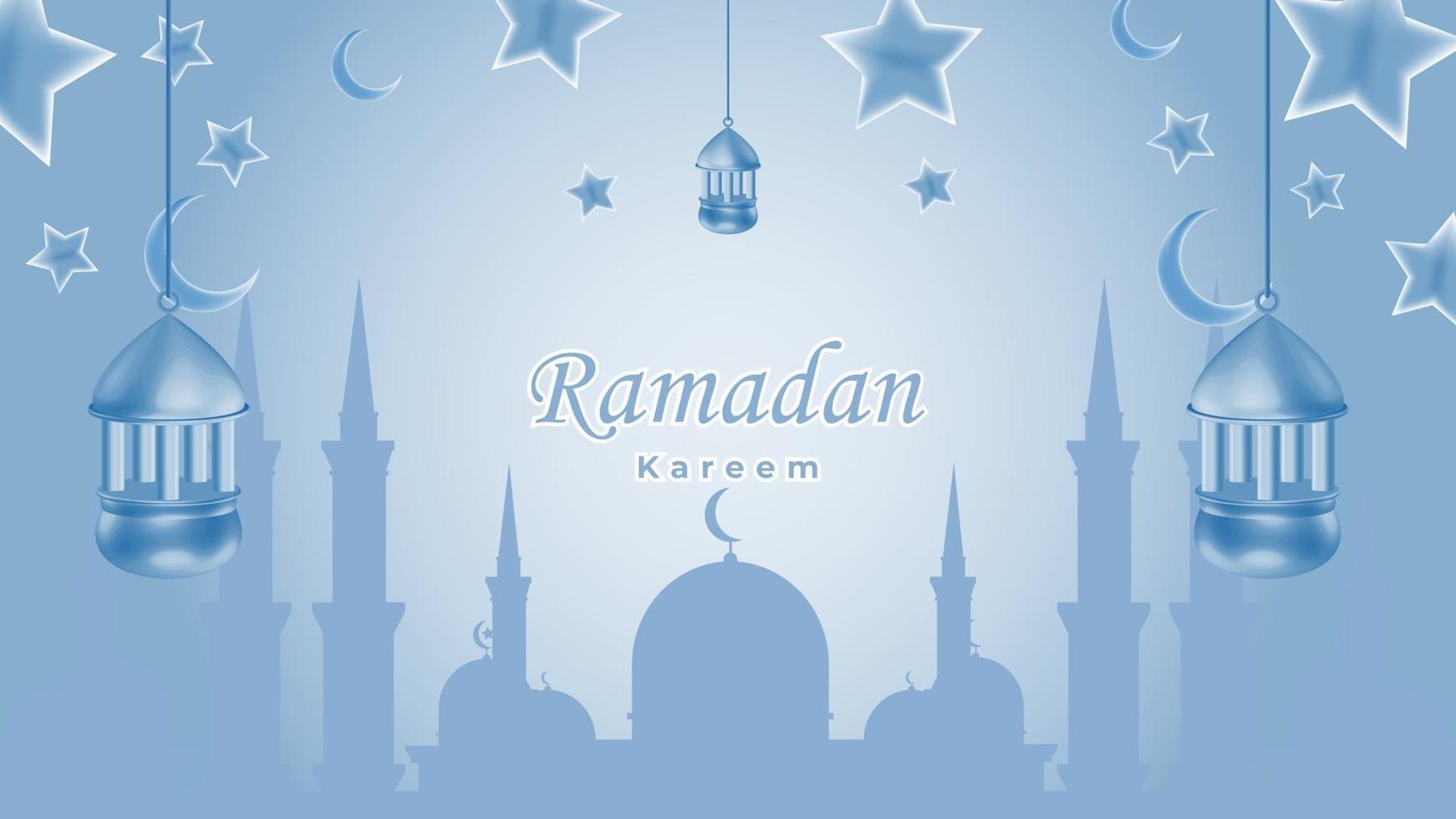 Ramadan kareem background with mosque star and lantern in blue color vector