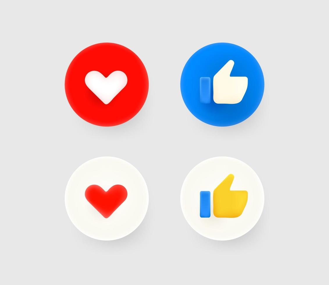 Thumb up and heart social media reaction 3d buttons vector