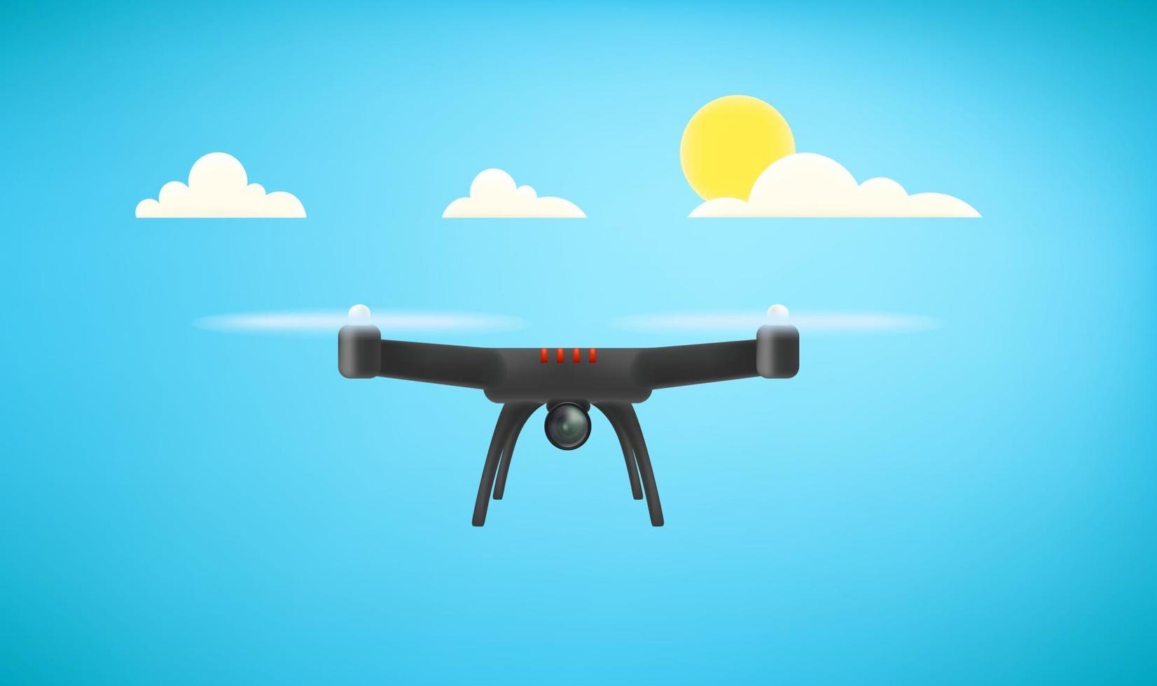 Flying black drone with digital camera in a sky vector