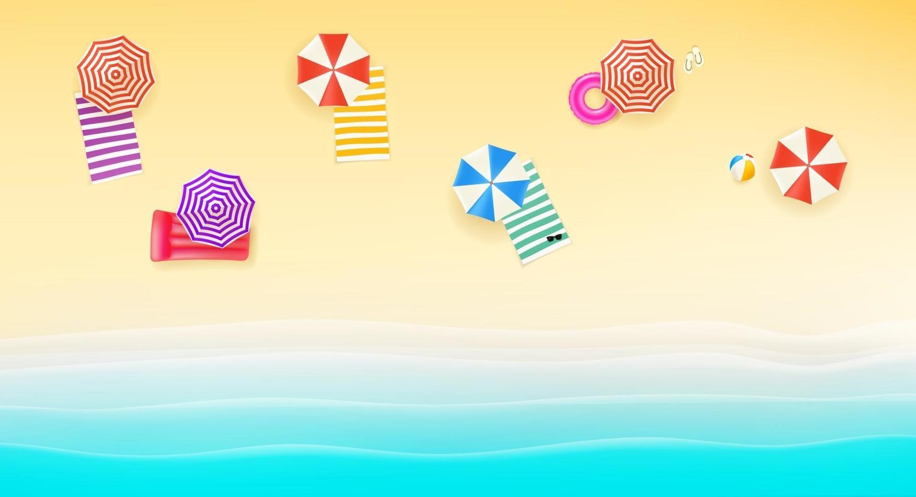 Bright sunny beach with color umbrellas and towels vector