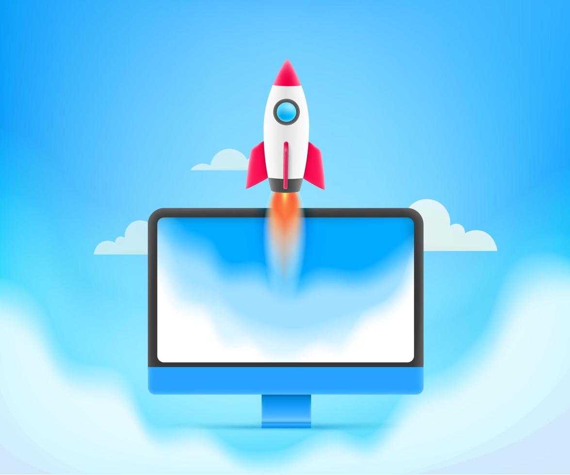 Business start up concept Begin business vector illustration with rocket and computer