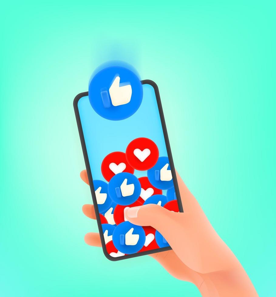 Thumb up and heart social media reaction 3d buttons falling to the smartphone vector