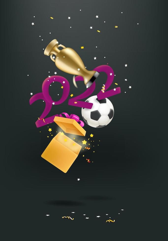Soccer ball and opened box and digits 2022 falling down vector
