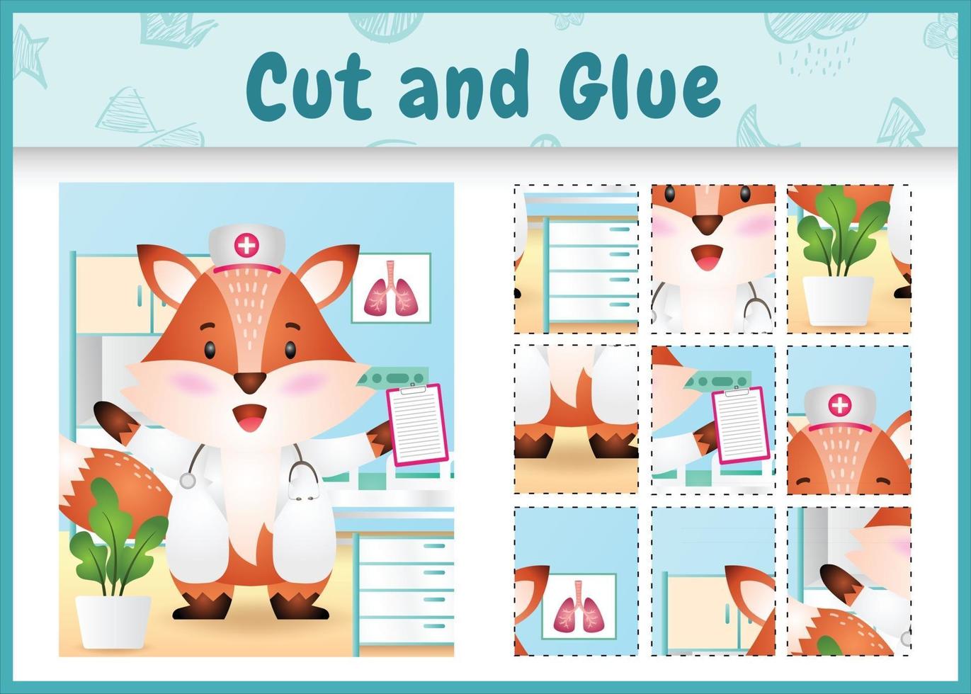 Children board game cut and glue with a cute fox using costume nurses vector