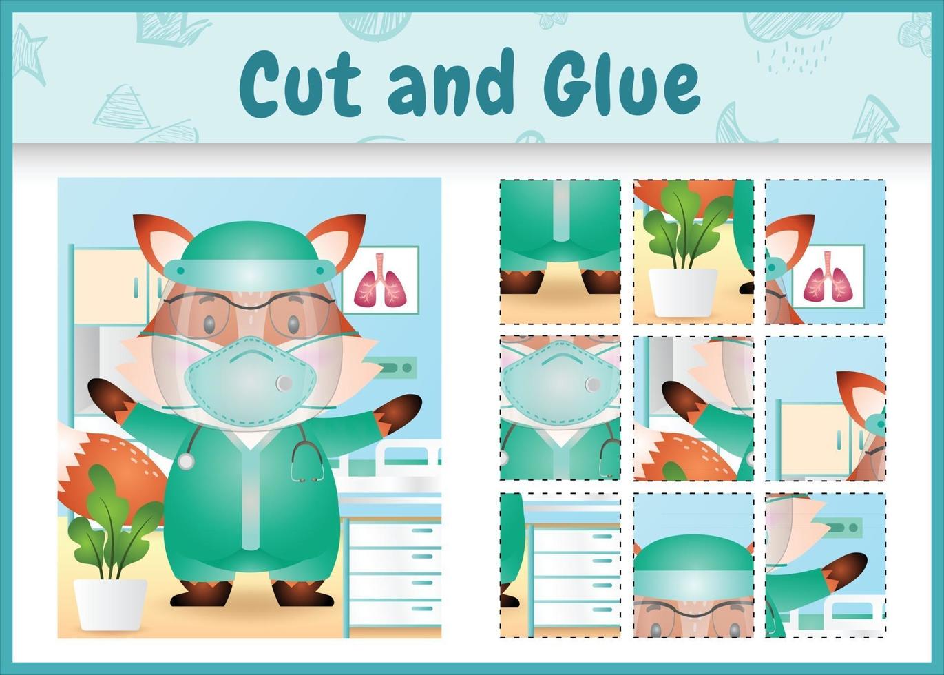 Children board game cut and glue with a cute fox using costume medical team vector
