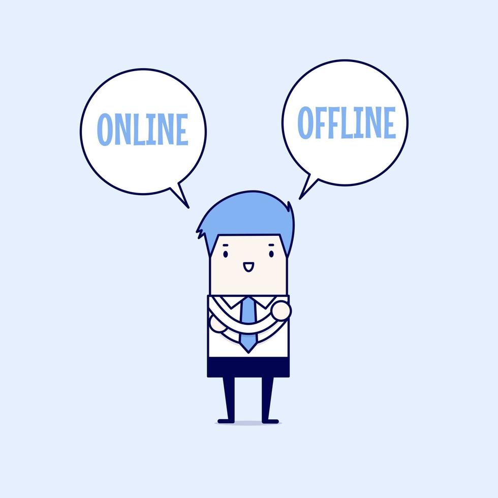 Businessman standing confuse to choose between two option online or offline Cartoon character thin line style vector