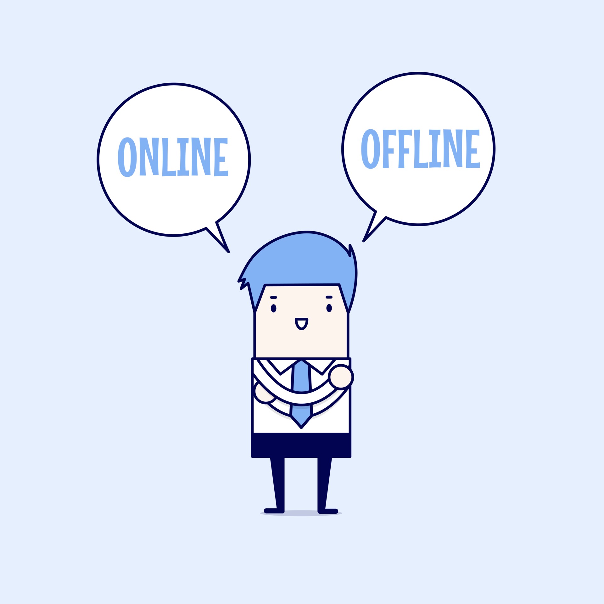 Businessman Standing Confuse To Choose Between Two Option Online Or Offline Cartoon Character Thin Line Style Vector Vector Art At Vecteezy Businessman Standing Confuse To Choose Between Two Option Online Or Offline Cartoon Character Thin Line Style Vector Vector Art At Vecteezy