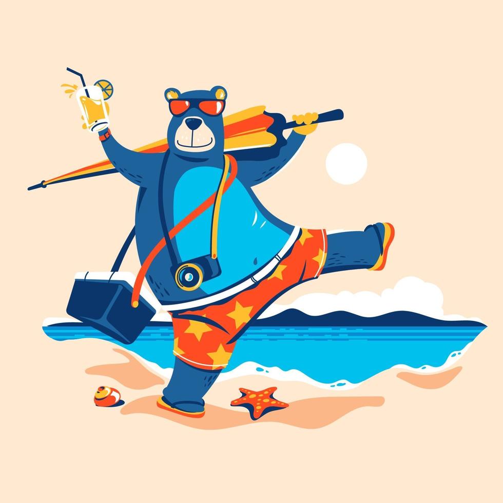 Bear with Umbrella and Ice Box Goes Sunbathing on the Beach, Concept of Summer Time vector