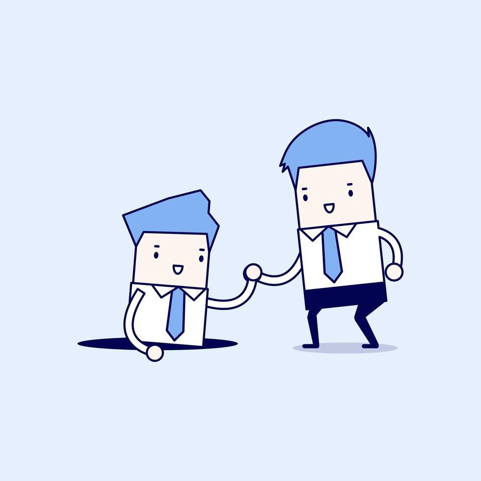 Businessman helping his friend by take him out from the hole Cartoon character thin line style vector