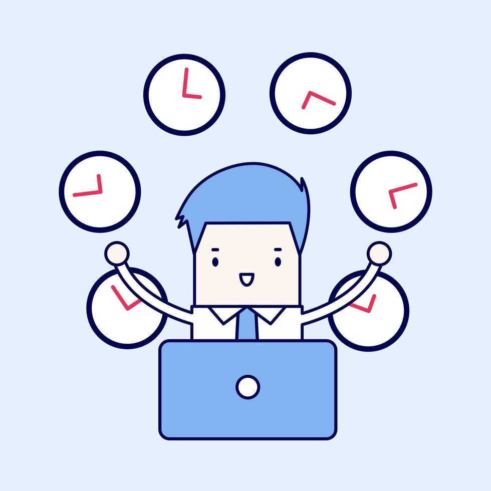 Businessman working with many clocks Cartoon character thin line style vector