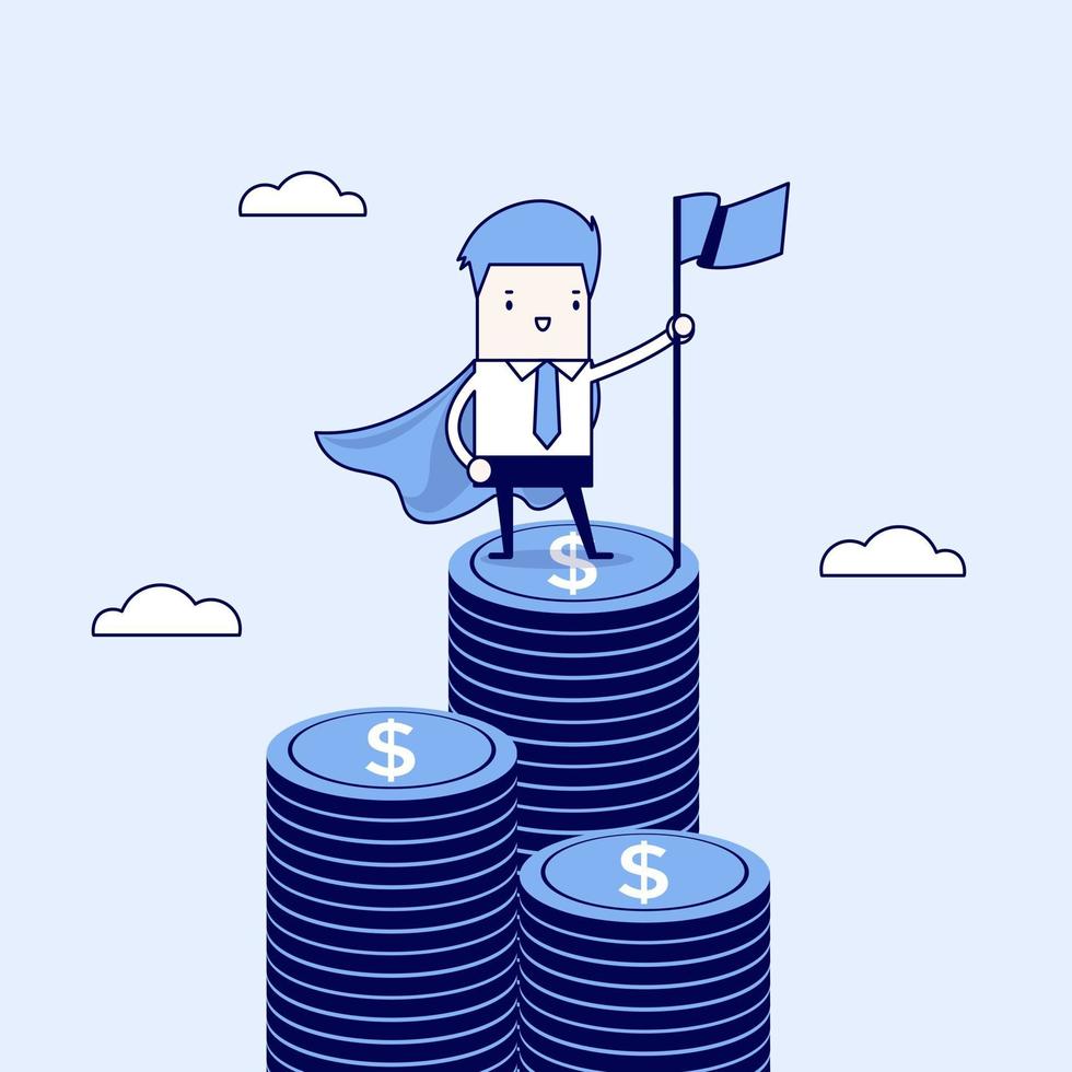 Businessman with winners flag standing on money coin Cartoon character thin line style vector