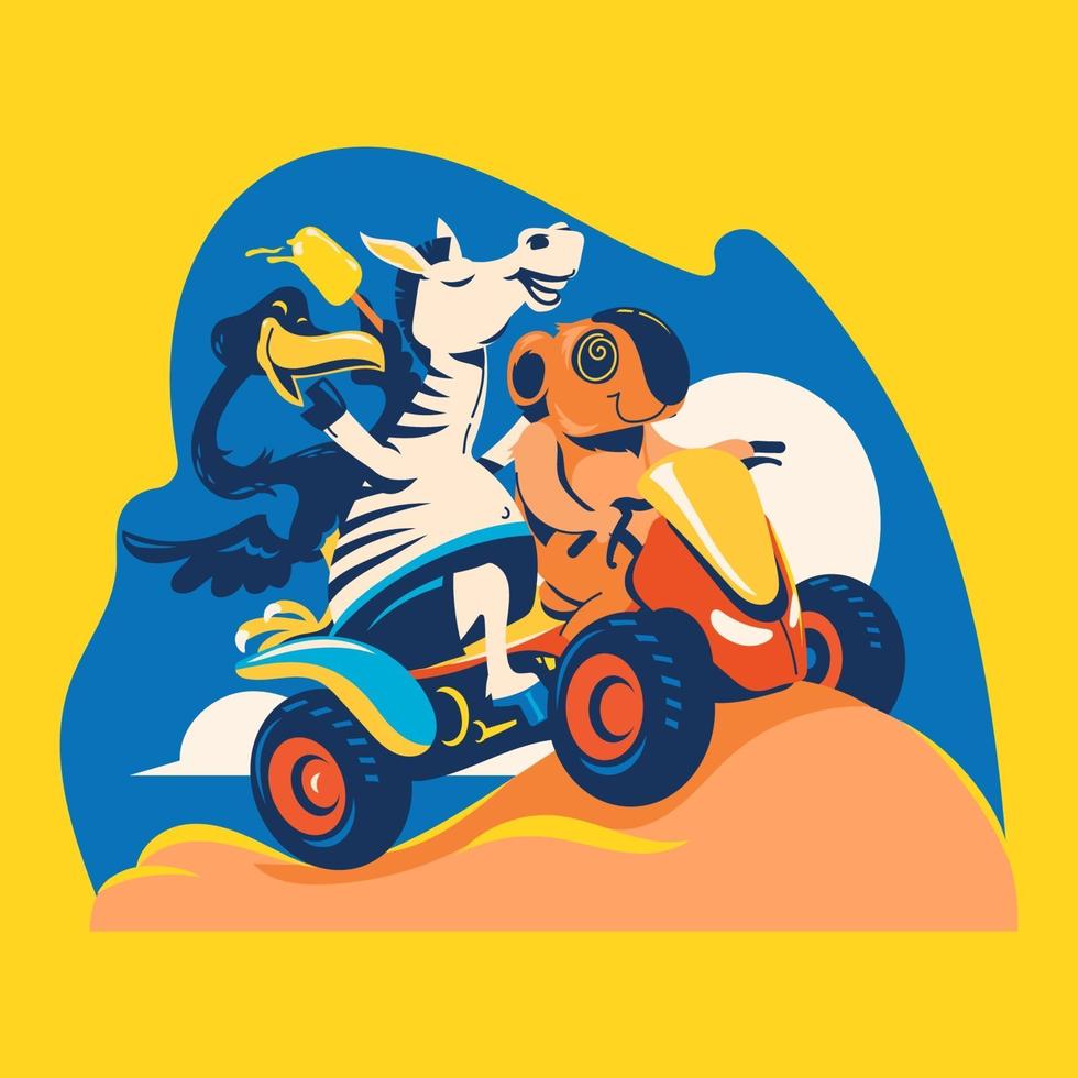 Zebra Flamingo and Koala Playing on ATV. Explore the Beach Concept for Summer Season vector