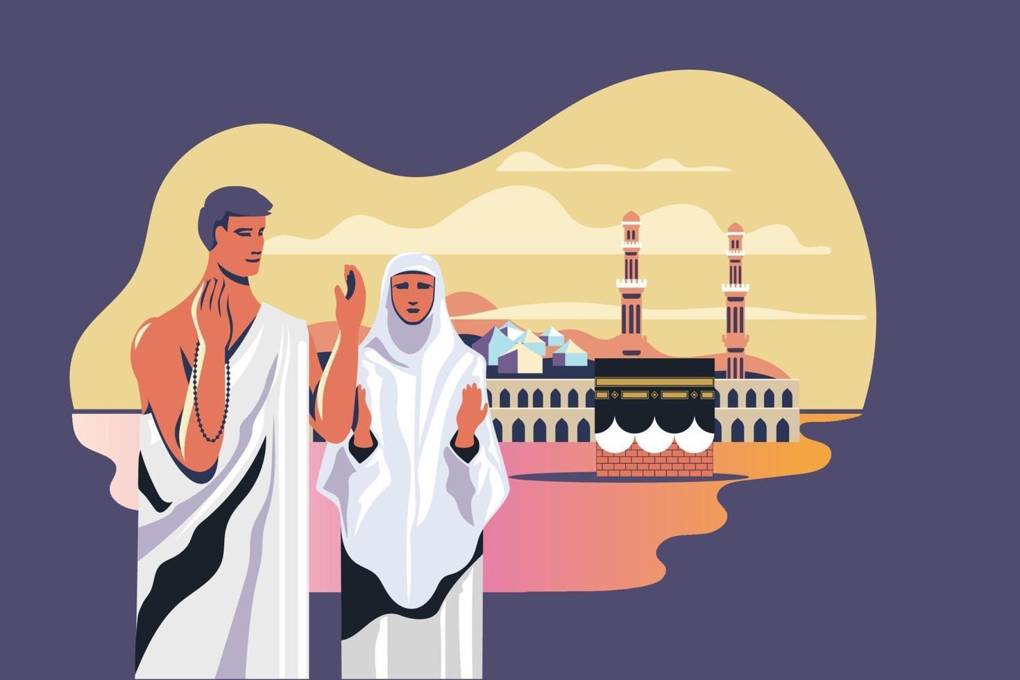 hombre y mujer personajes del hajj rezando a dios en la kaaba vector