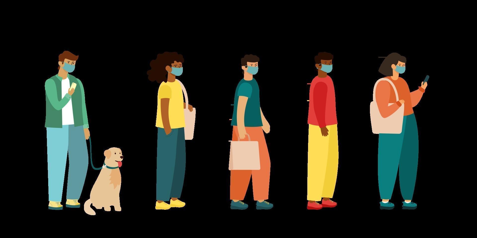 Full length of cartoon sick people in medical masks standing in line flat vector illustration side view