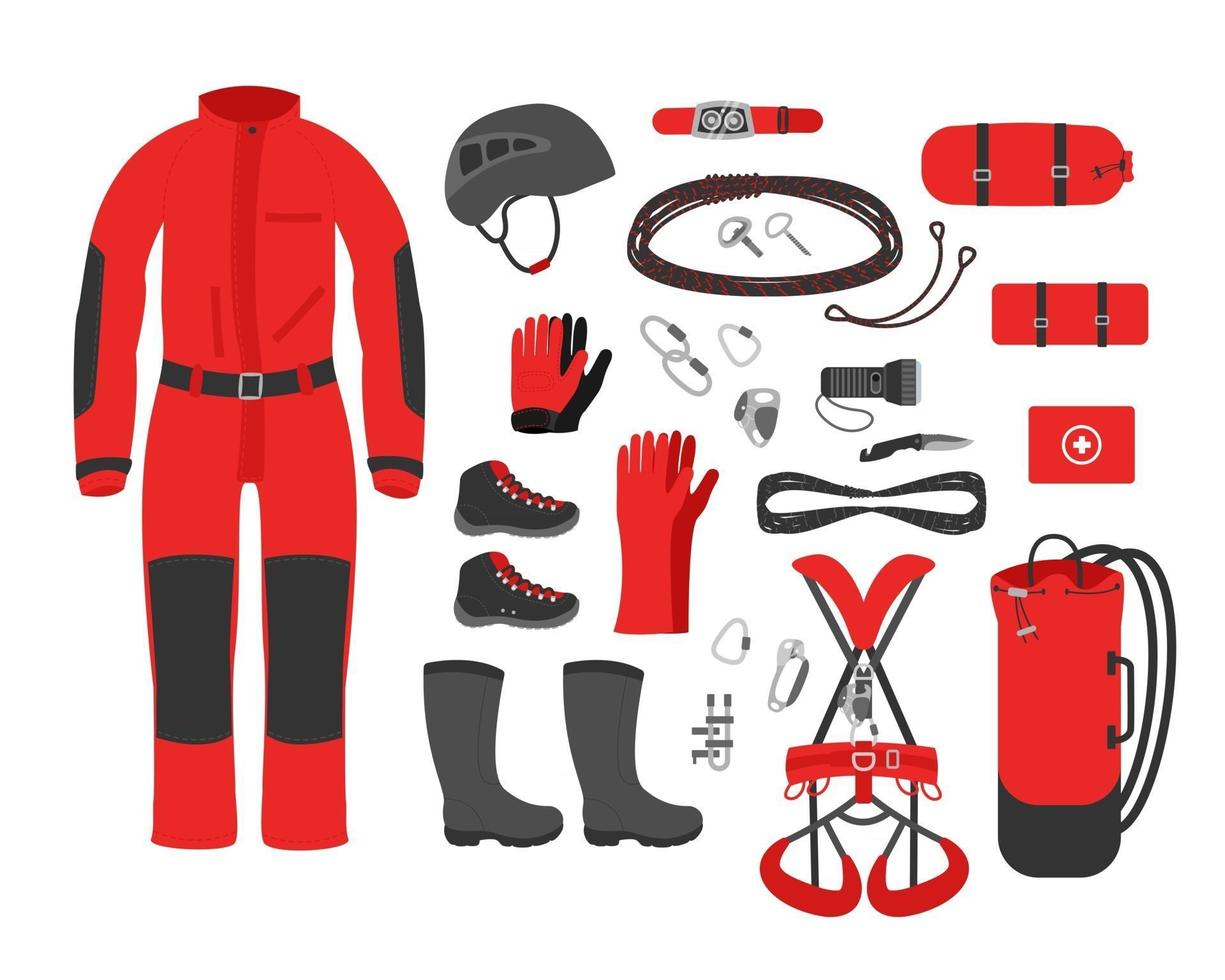 Caving equipment kit clothes speleological accessory vector illustration
