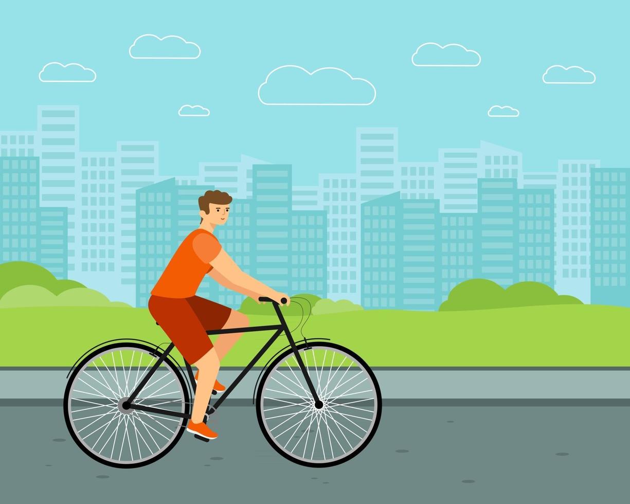 hombre, ciudad, bicicleta, blanco, jinete, en, bicicleta, plano, vector, carácter vector