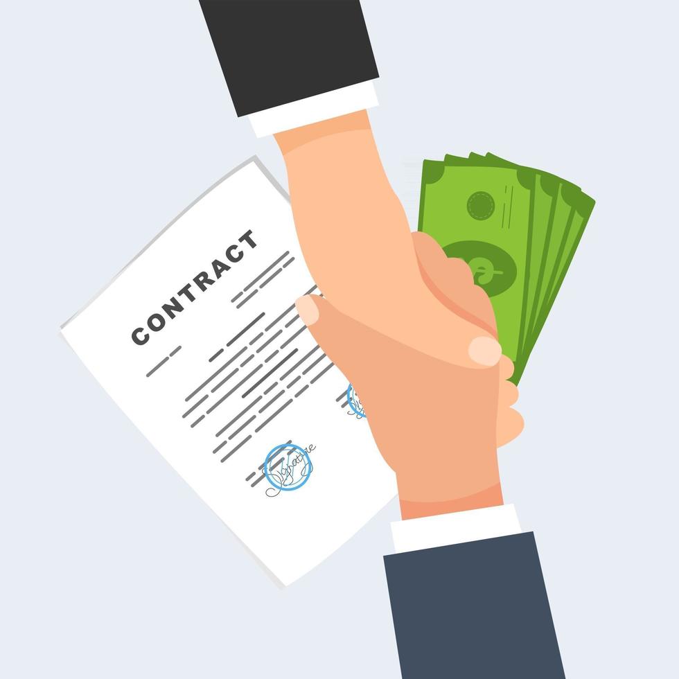 Handshake over contracts and money Flat vector illustration
