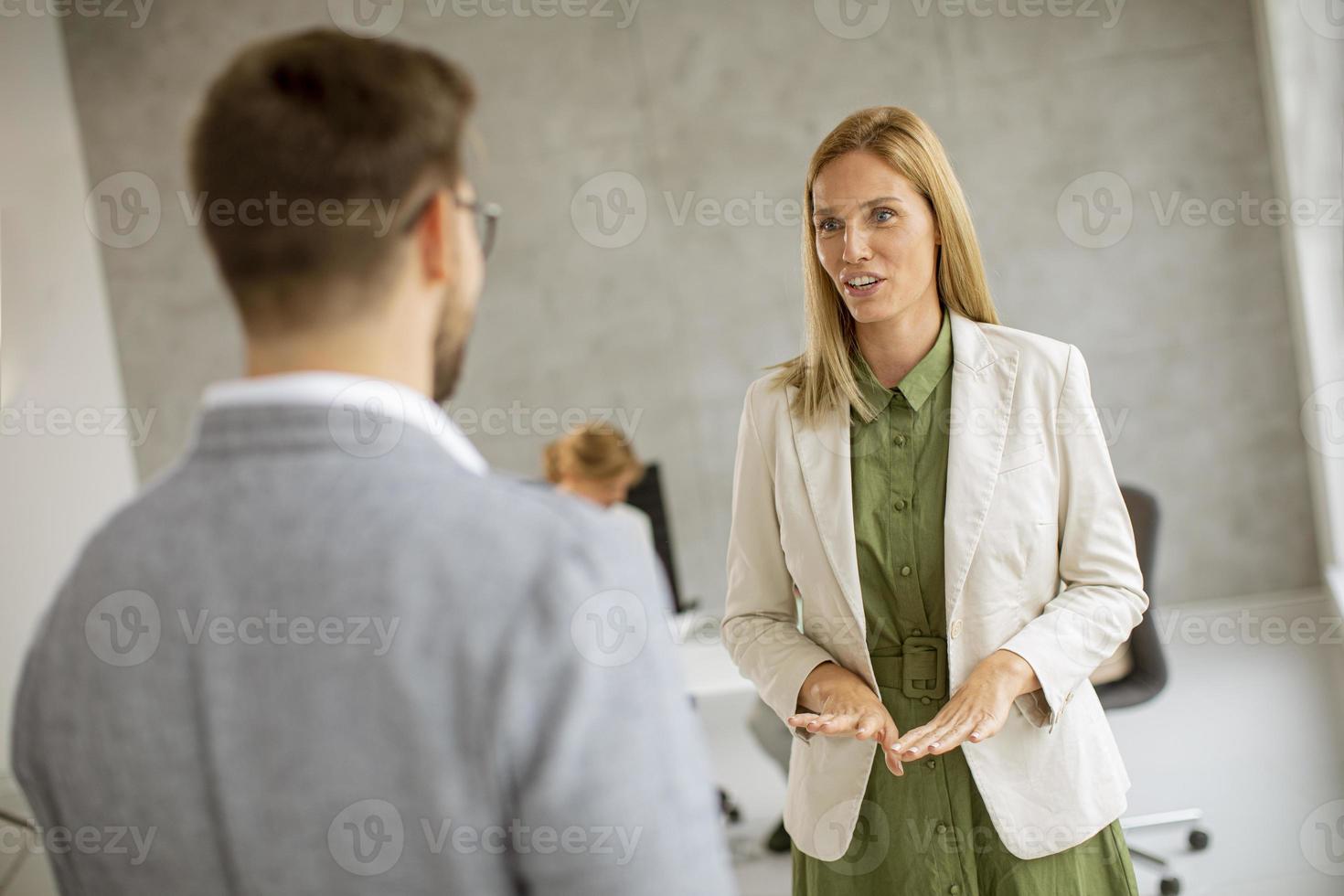Business professionals talking in an office photo