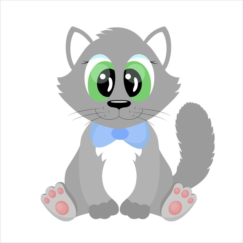 Cartoon cat character cute fluffy grey Kitty with big eyes is sitting and smiling Funny little pet Vector illustration