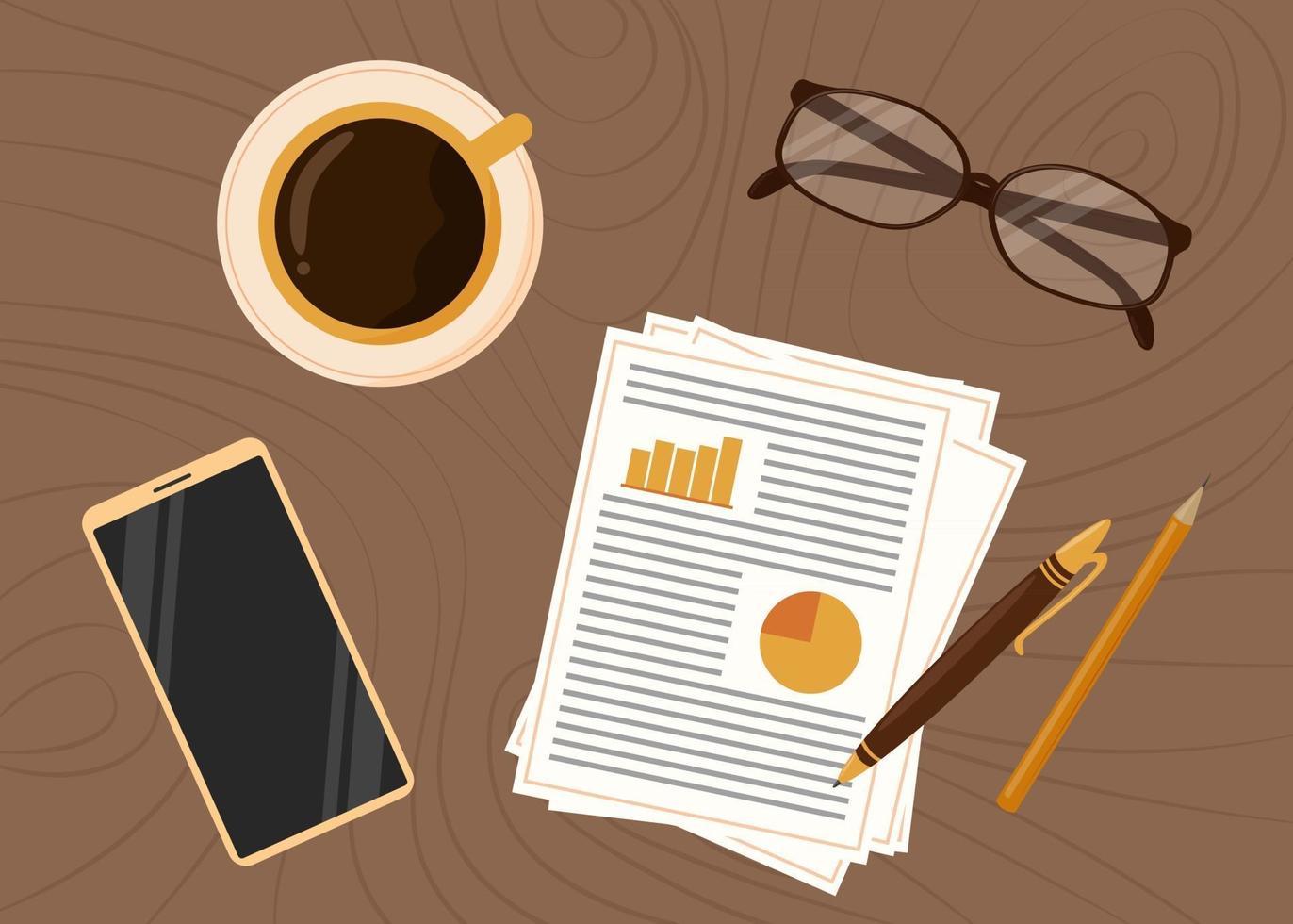 https://static.vecteezy.com/system/resources/previews/002/404/339/non_2x/home-workplace-top-view-office-supplies-with-cup-of-coffee-and-mobile-phone-on-the-table-wooden-background-illustration-vector.jpg