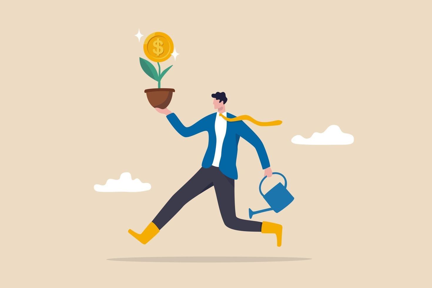 Investing in growth stock happy businessman running holding growing plant with dollar money coin flower and watering can vector