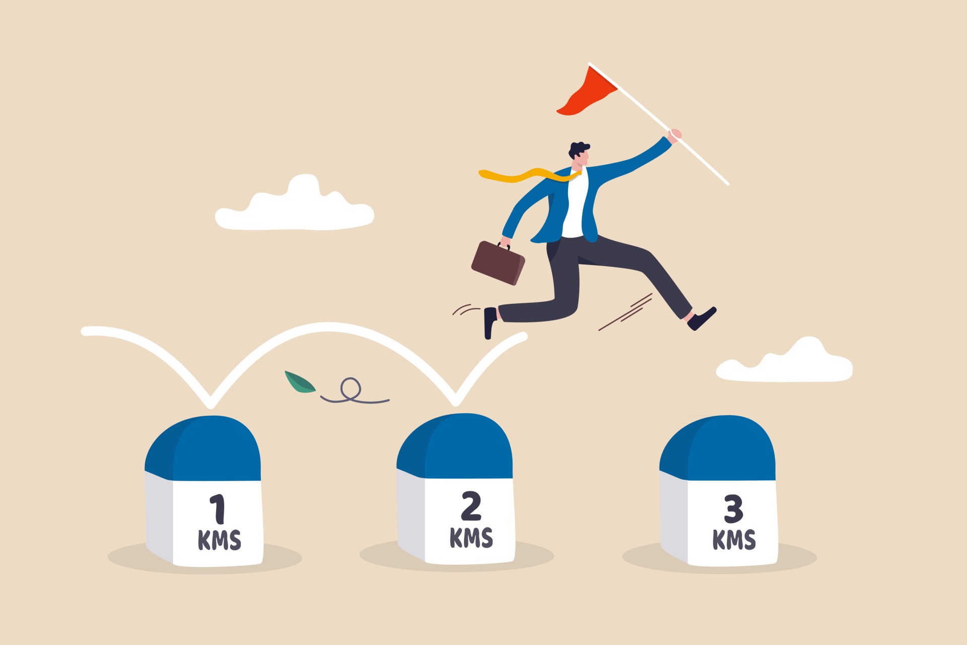 Project milestone to progress toward business goal skillful businessman holding success flag