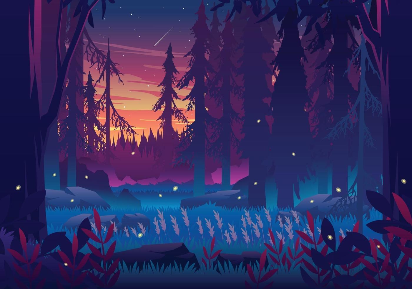 ilustración de paisaje de bosque al atardecer vector