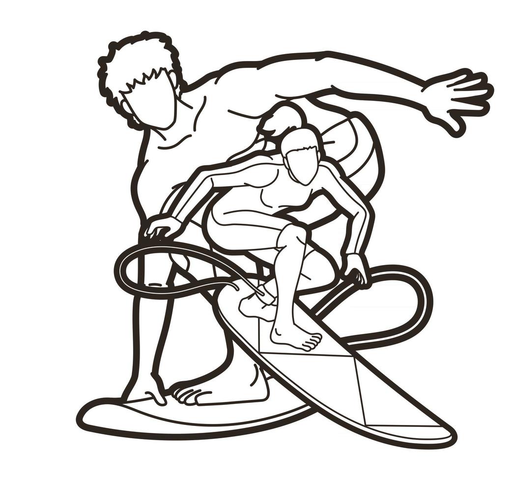 Outline Surfing Sport Male and Female Player Action vector