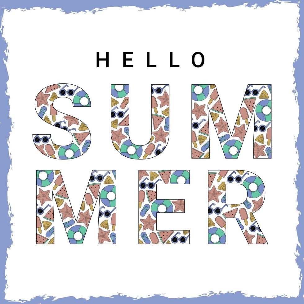 Hello summer vector banner with beach elements pattern and text typography Vector illustration