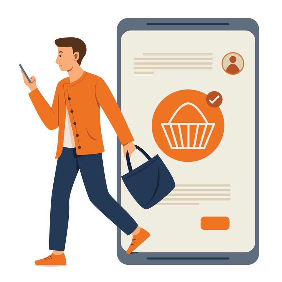 Man is Online Shopping on Mobile Phone and Walking Out from Big Smartphone vector