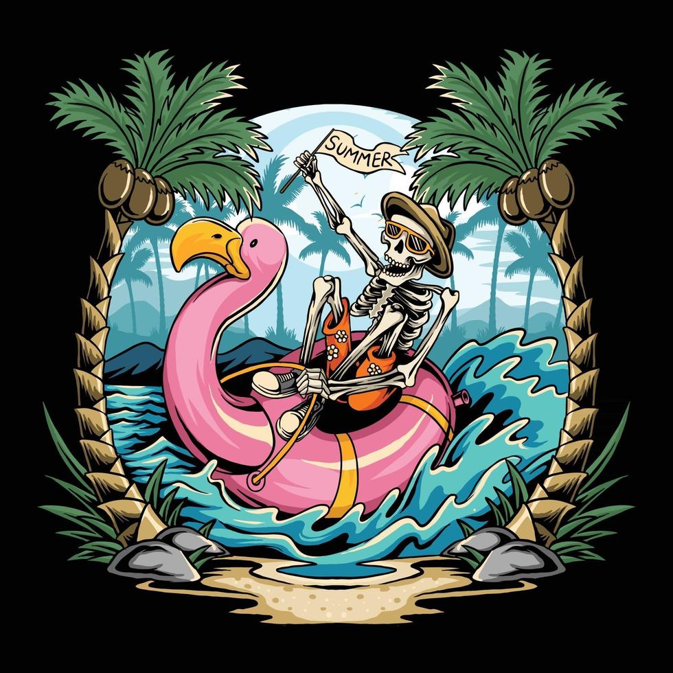 skulls on flamingos floats on the beach during summer parties filled with coconut trees vector