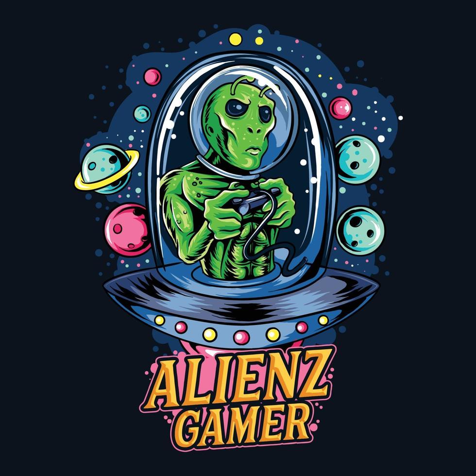 alien riding UFO as gamer e sport logo vector