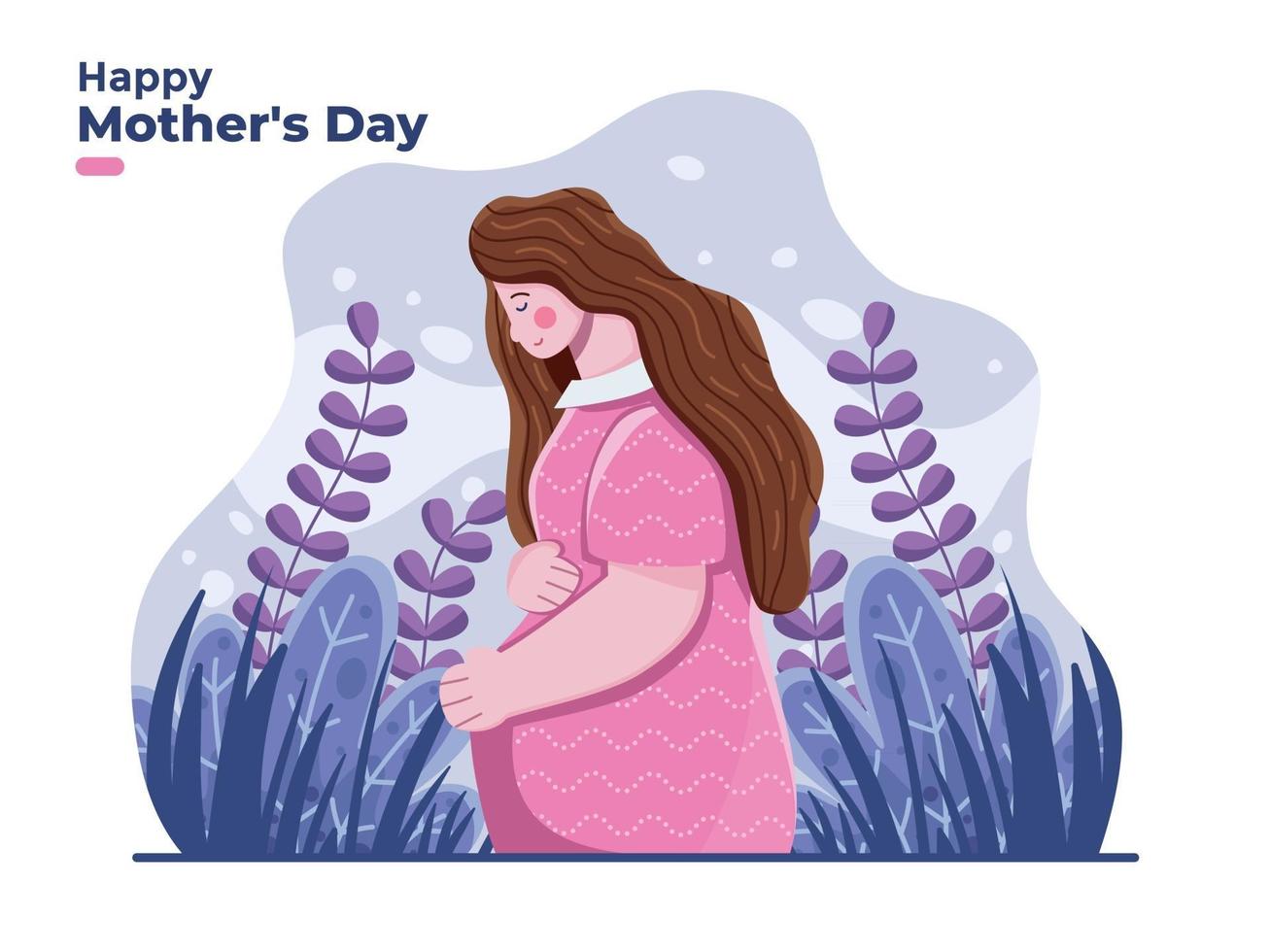 Happy Mothers Day with pregnant mom illustration with floral background Can use for banner poster etc vector