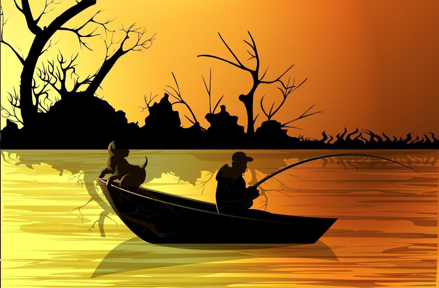 Vector image of a fisherman on a boat with a dog