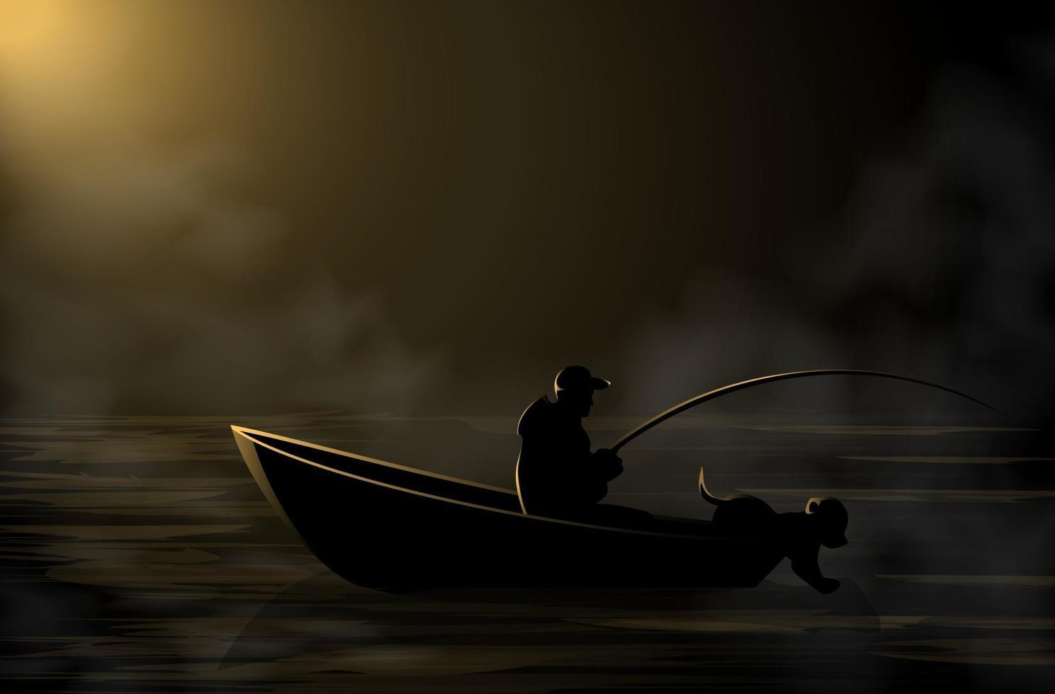 Vector image of a fisherman on a boat with a dog in the dark in