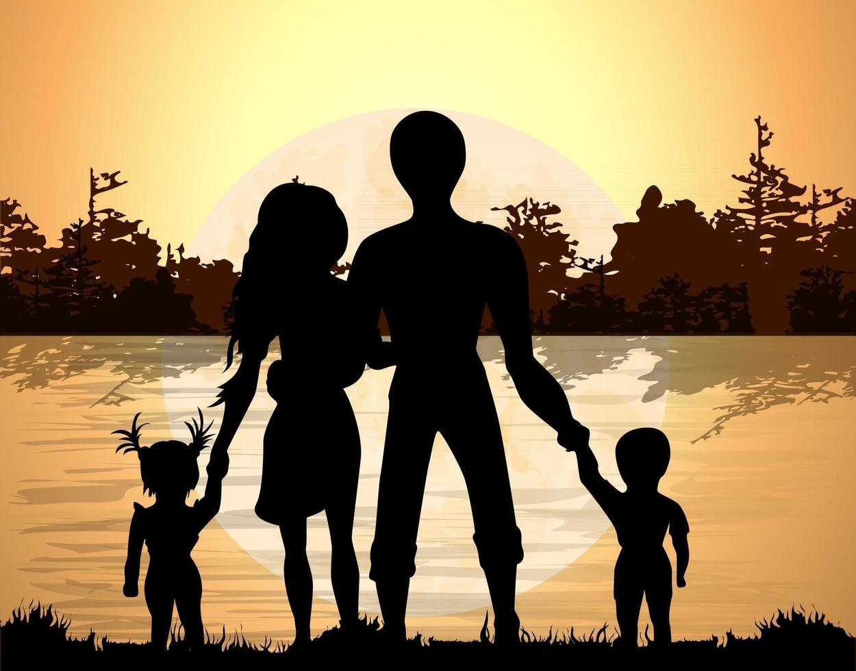 Vector background image of the lake against the background of the forest and the Silutes of a family of four holding hands and watching the natural phenomenon  sunset