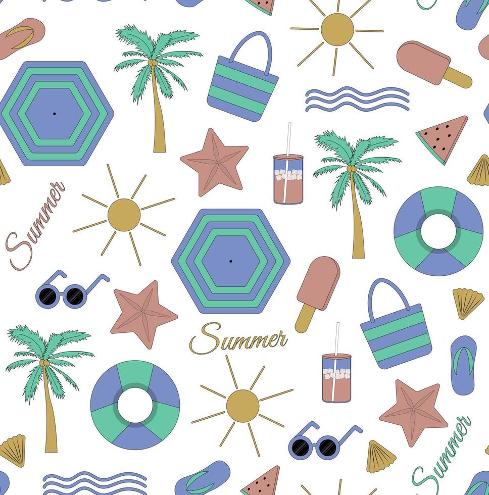 Colorful seamless summer pattern with beach elements such as sunglasses palm watermelon ice cream bag umbrella waves flip flops and shell Vector illustration