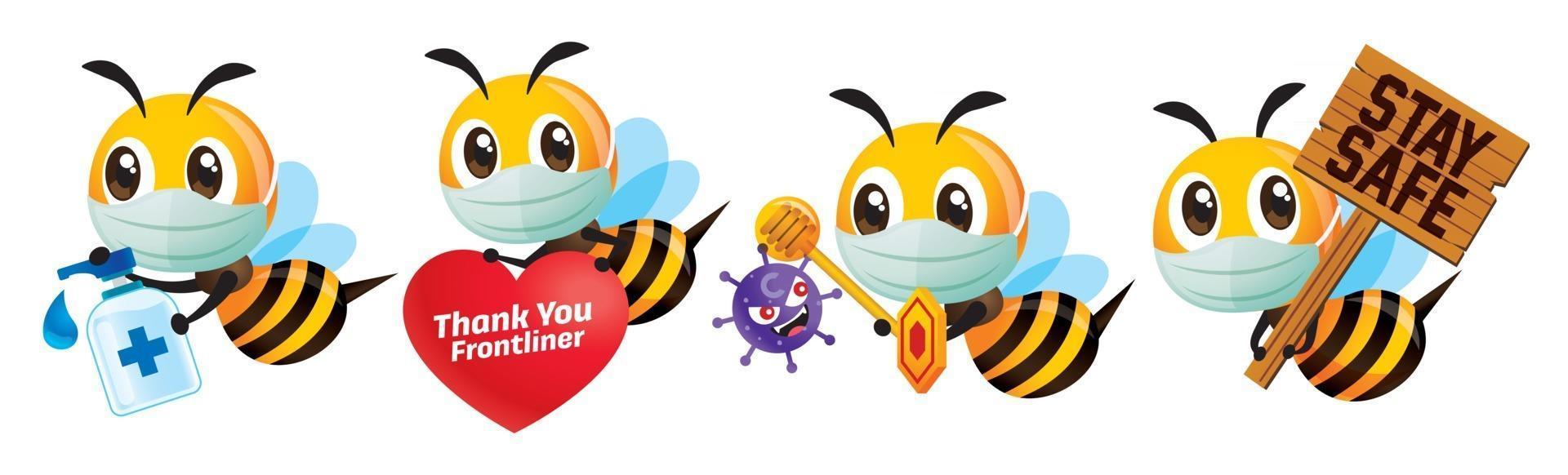 Cartoon cute bee wears surgical face mask, fight against coronavirus and thank you to frontliners vector