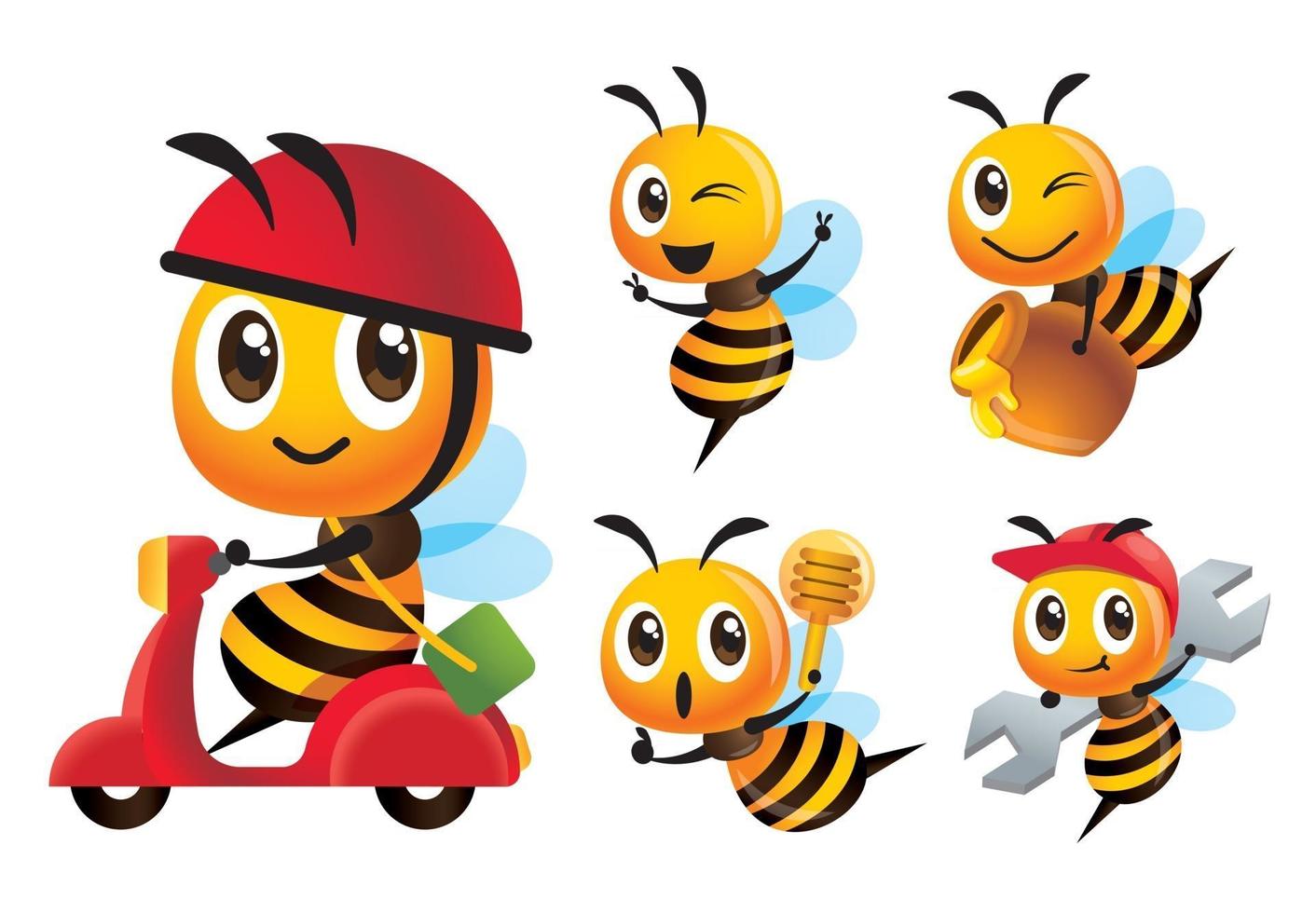 Cartoon cute bee variety poses set with ride scooter and deliver honey pot vector