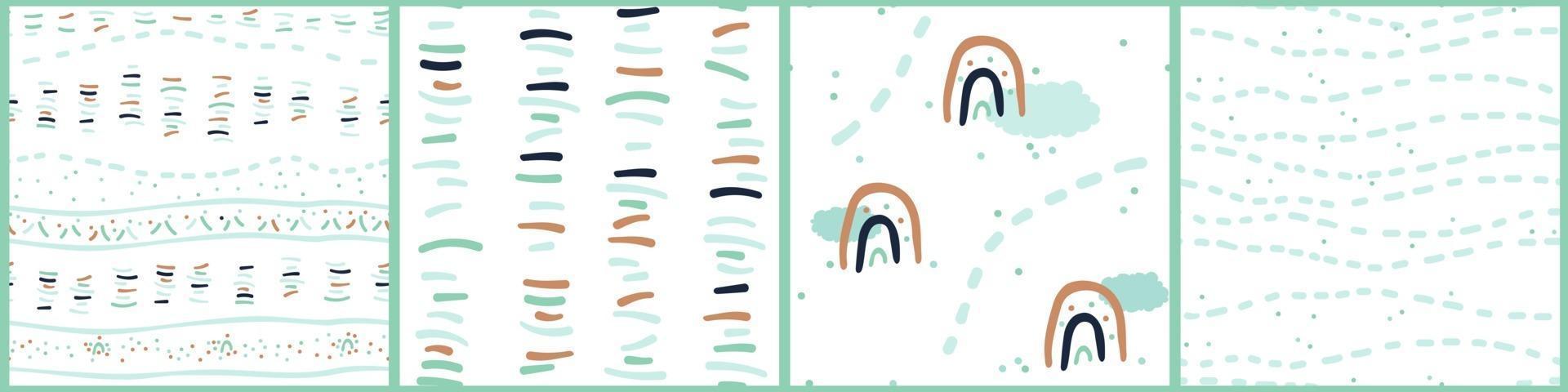 Set of simple brown blue green seamless patterns of abstract lines dots clouds rainbow on white background in hand drawn flat style vector
