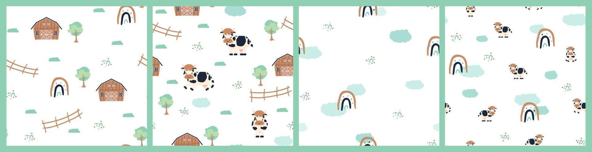 Set of cute farm cartoon seamless patterns on white background vector