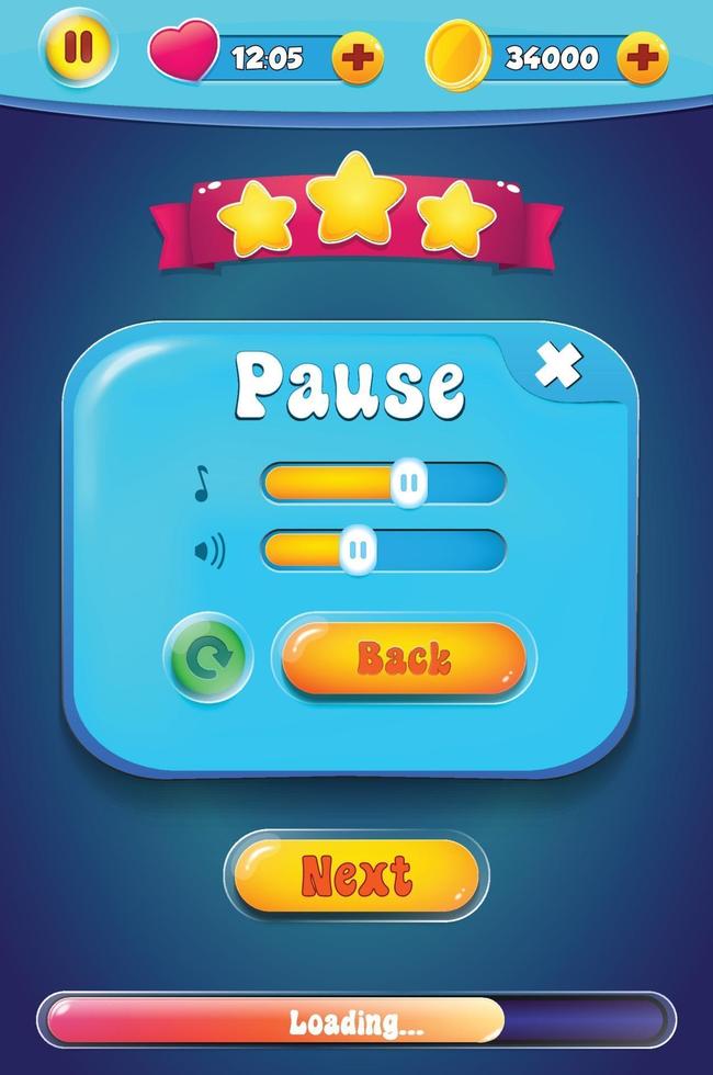 Level selection game menu scene with buttons  loading bar and stars Pro Vector