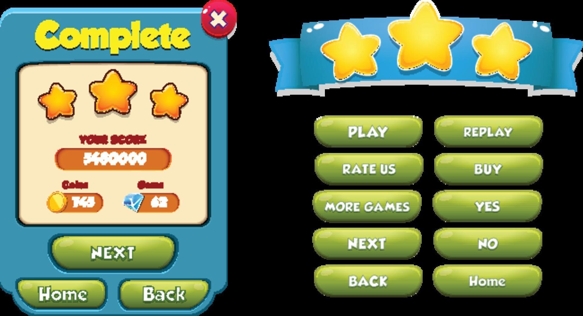 Level selection game menu scene with buttons loading bar and stars Pro