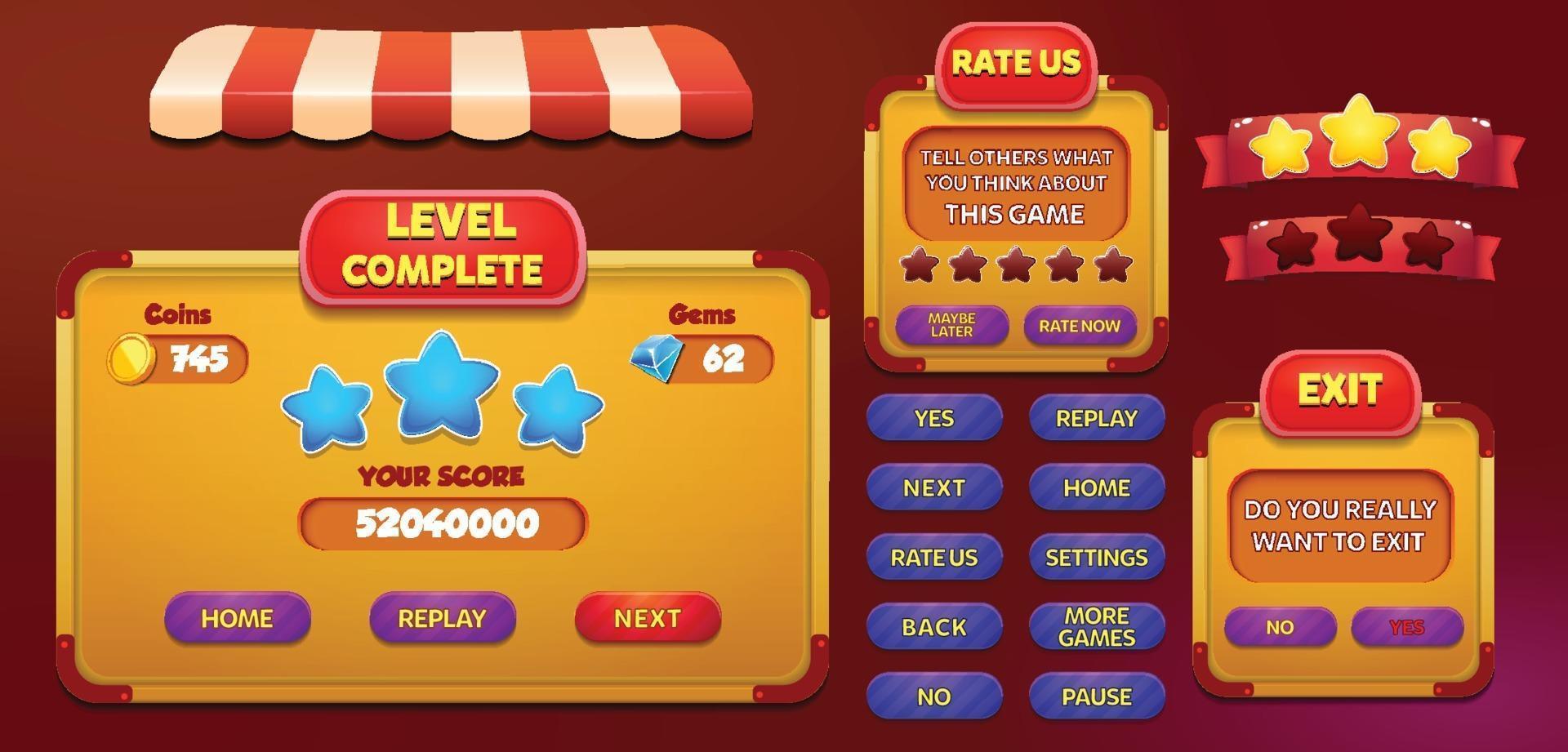 Level selection game menu scene with buttons  loading bar and stars Pro Vector