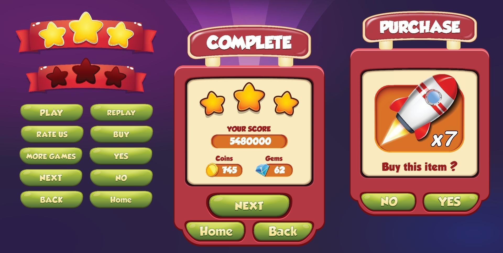 Level selection game menu scene with buttons loading bar and stars Pro