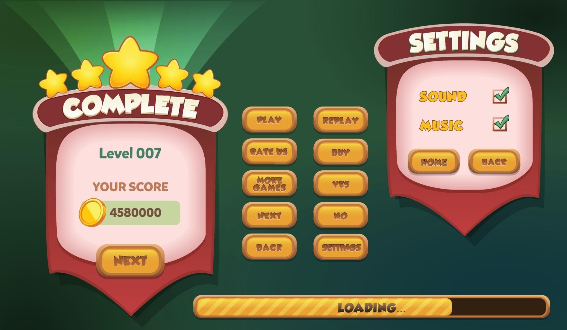 Level selection game menu scene with buttons loading bar and stars Pro