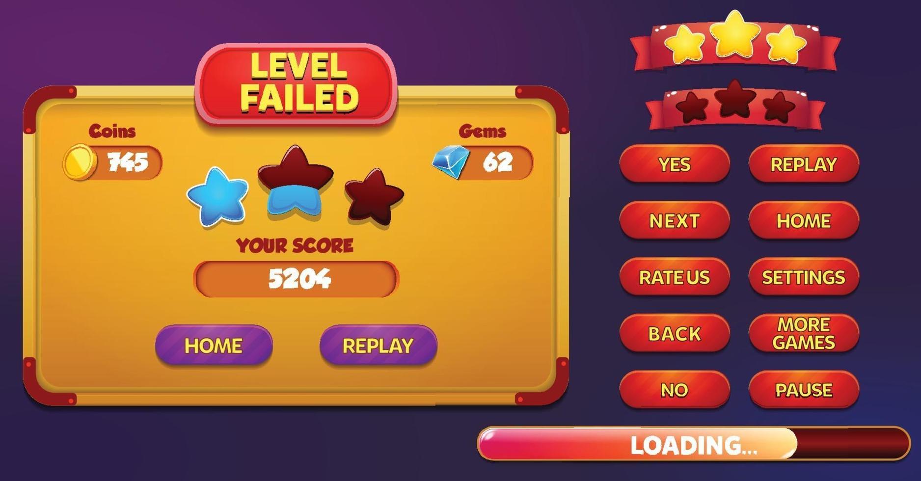 Level selection game menu scene with buttons  loading bar and stars Pro Vector