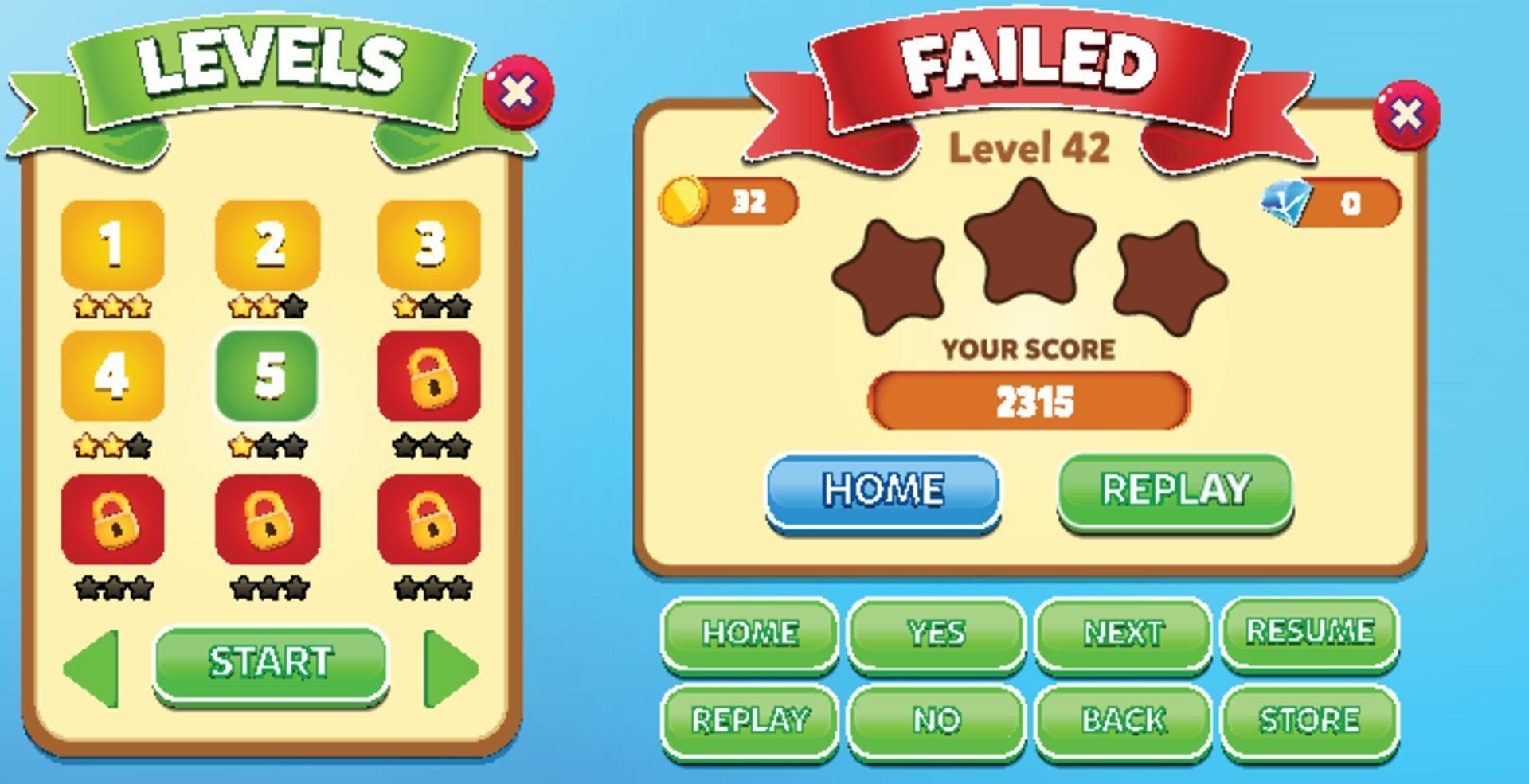 Level selection game menu scene with buttons loading bar and stars Pro